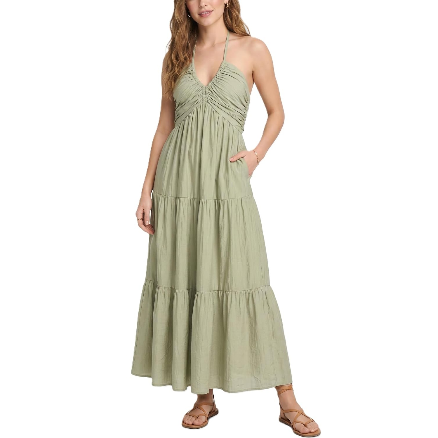 Casual Halter Tiered Vacation Maxi Dress With Pockets