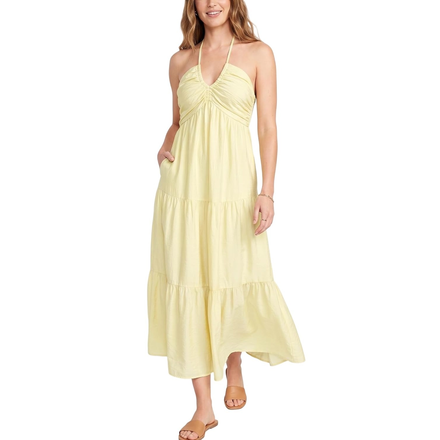 Casual Halter Tiered Vacation Maxi Dress With Pockets