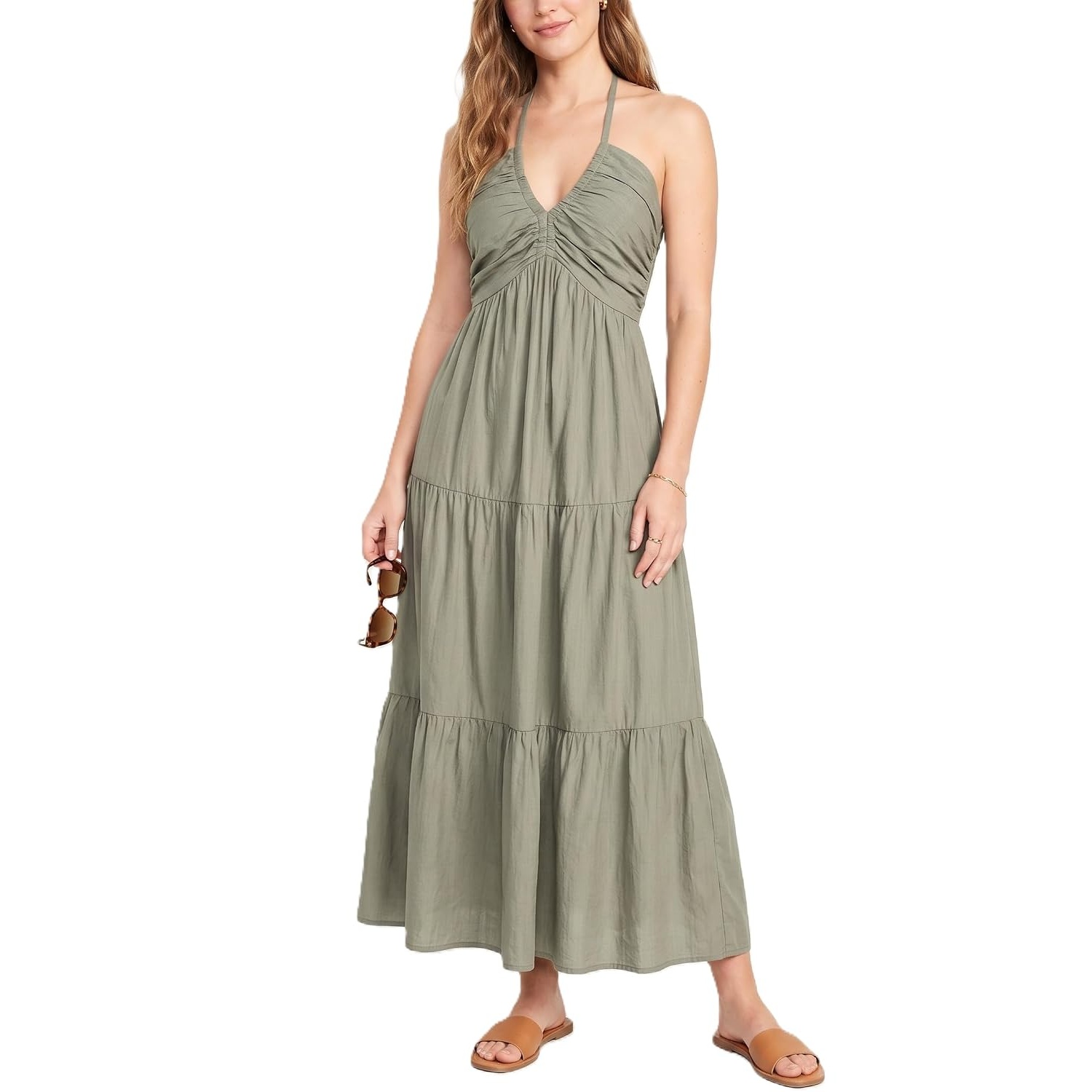 Casual Halter Tiered Vacation Maxi Dress With Pockets