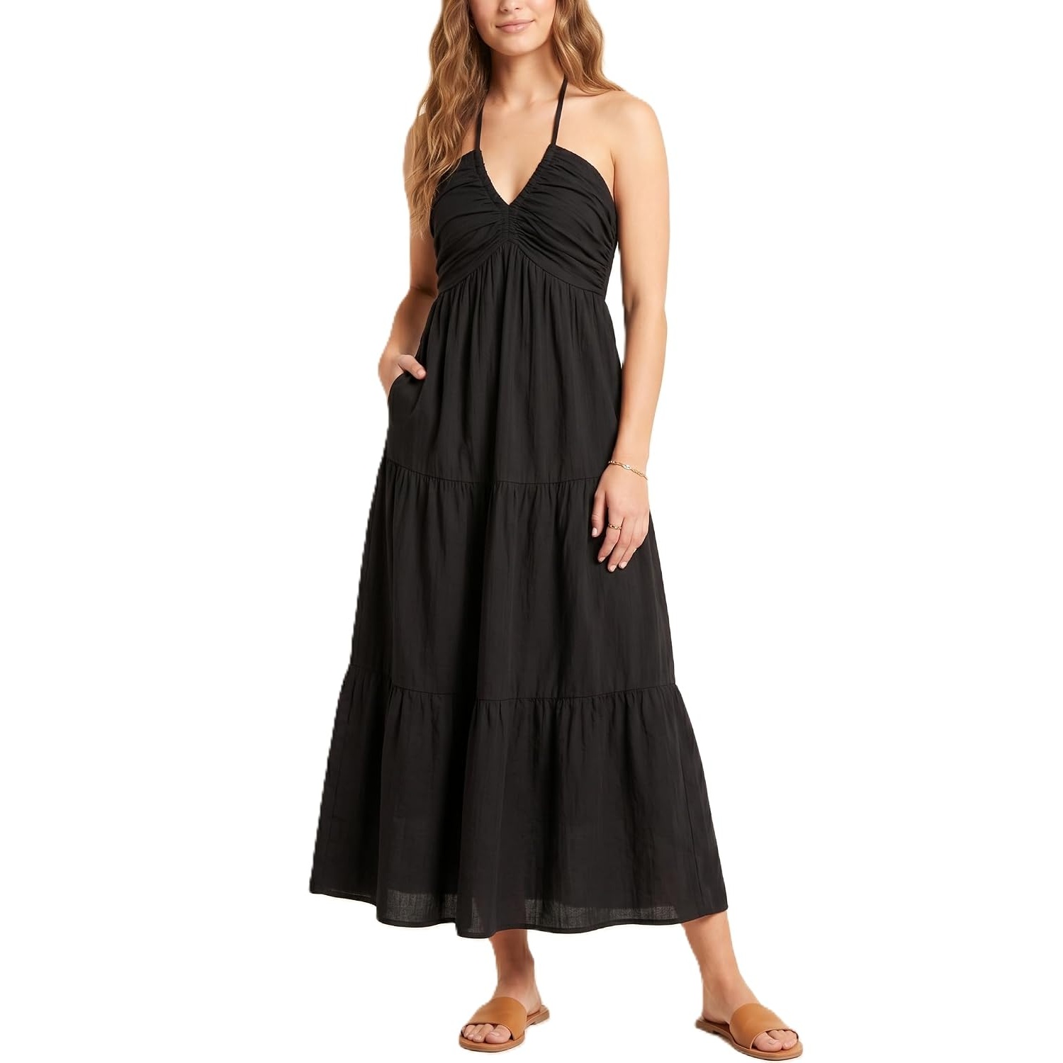Casual Halter Tiered Vacation Maxi Dress With Pockets