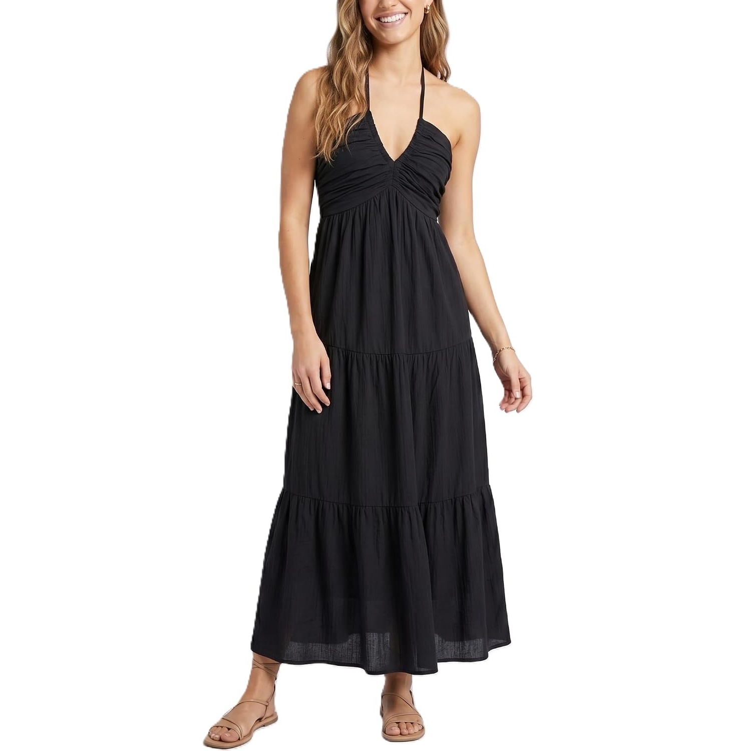 Casual Halter Tiered Vacation Maxi Dress With Pockets