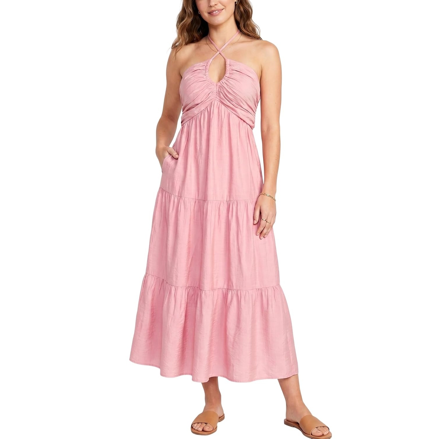 Casual Halter Tiered Vacation Maxi Dress With Pockets