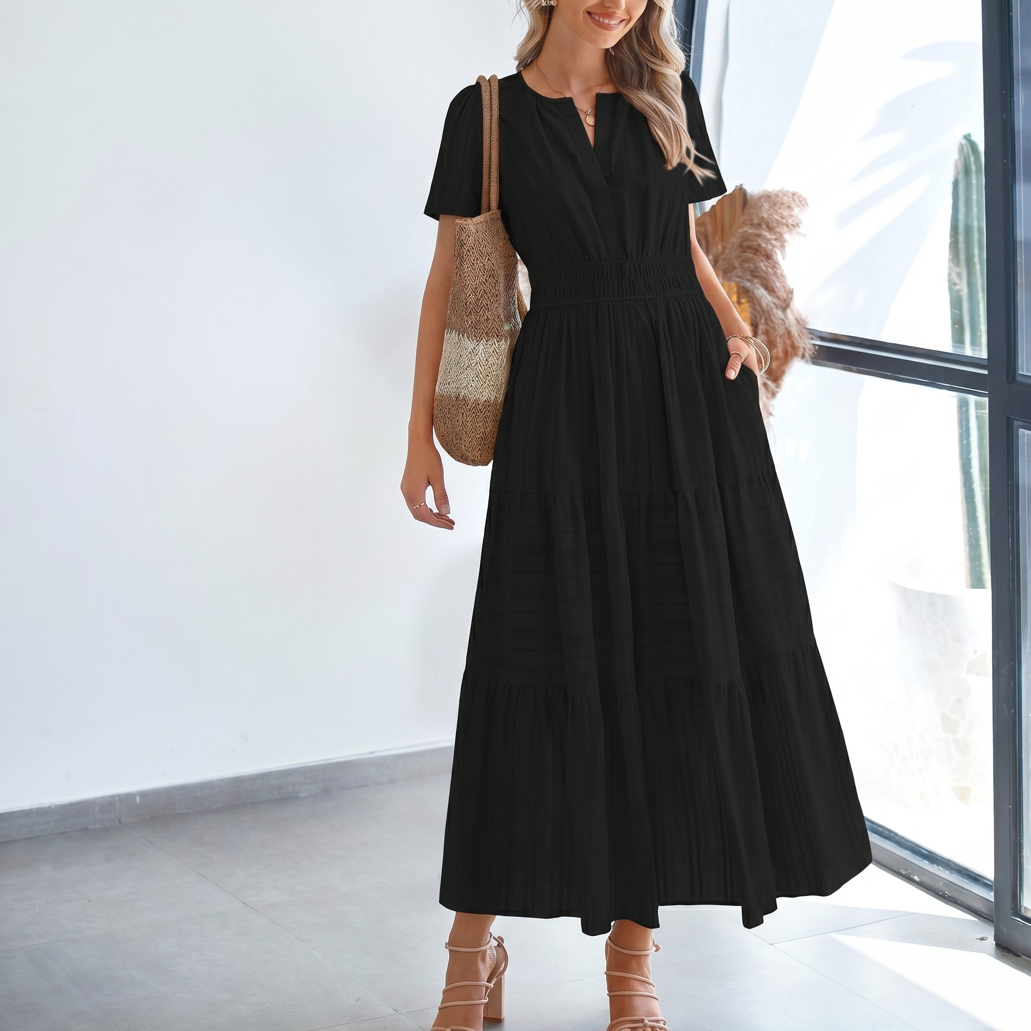 Womens Summer 2026 Casual Midi Maxi Dresses Lightweight Short Sleeve V Neck Elastic Waist Boho Beach Dress Pockets