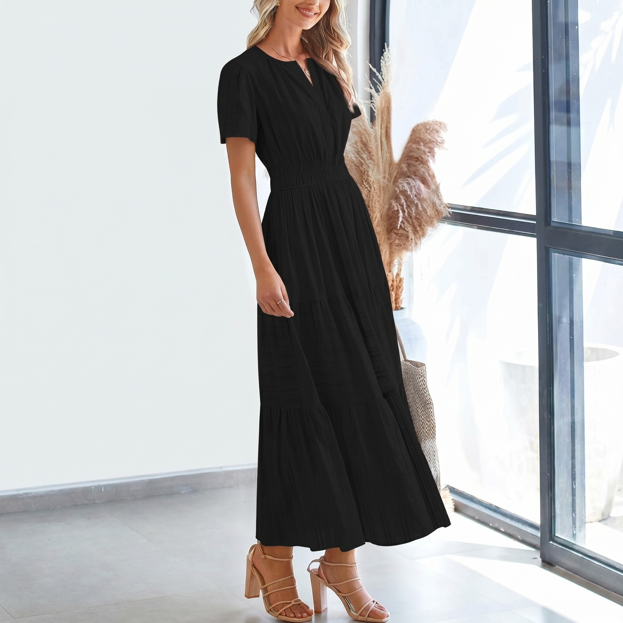Womens Summer 2026 Casual Midi Maxi Dresses Lightweight Short Sleeve V Neck Elastic Waist Boho Beach Dress Pockets