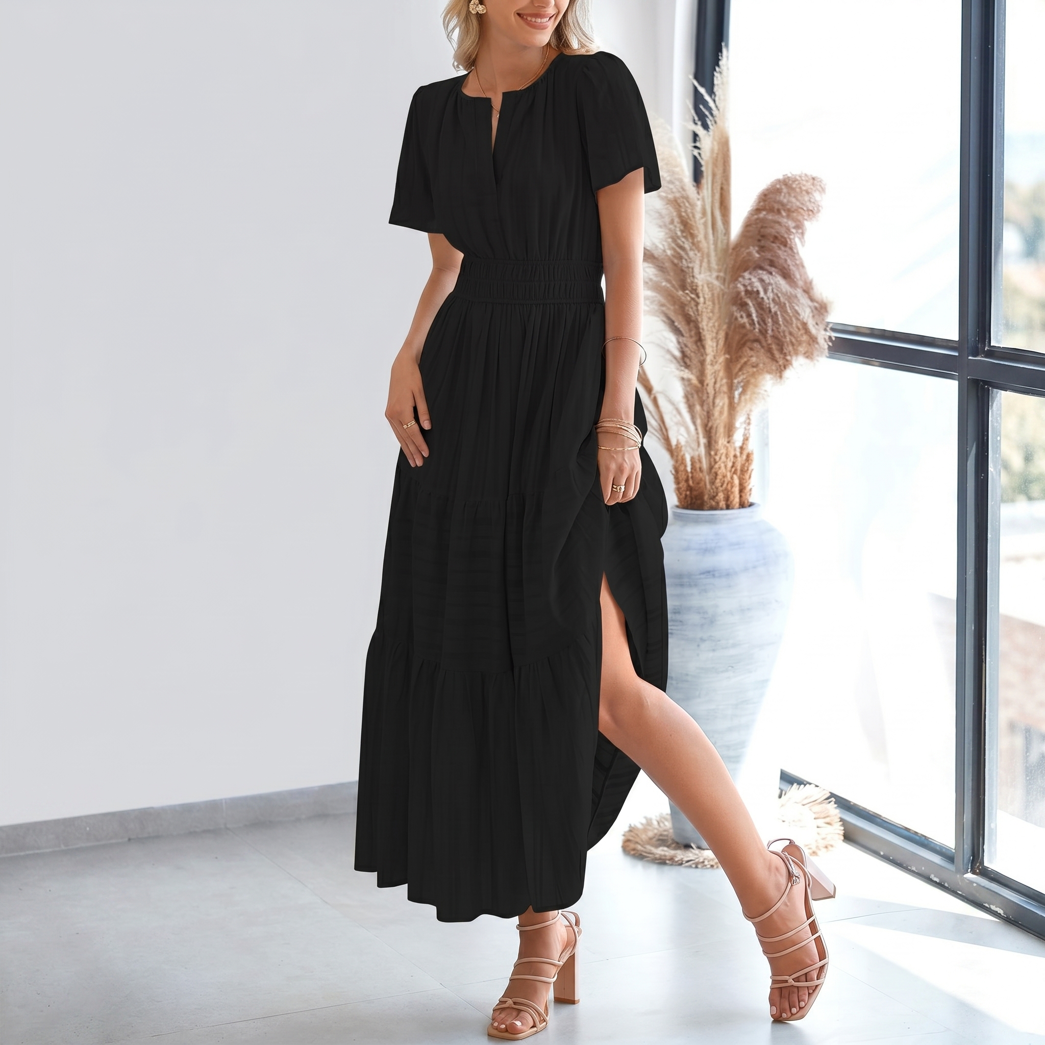 Womens Summer 2026 Casual Midi Maxi Dresses Lightweight Short Sleeve V Neck Elastic Waist Boho Beach Dress Pockets