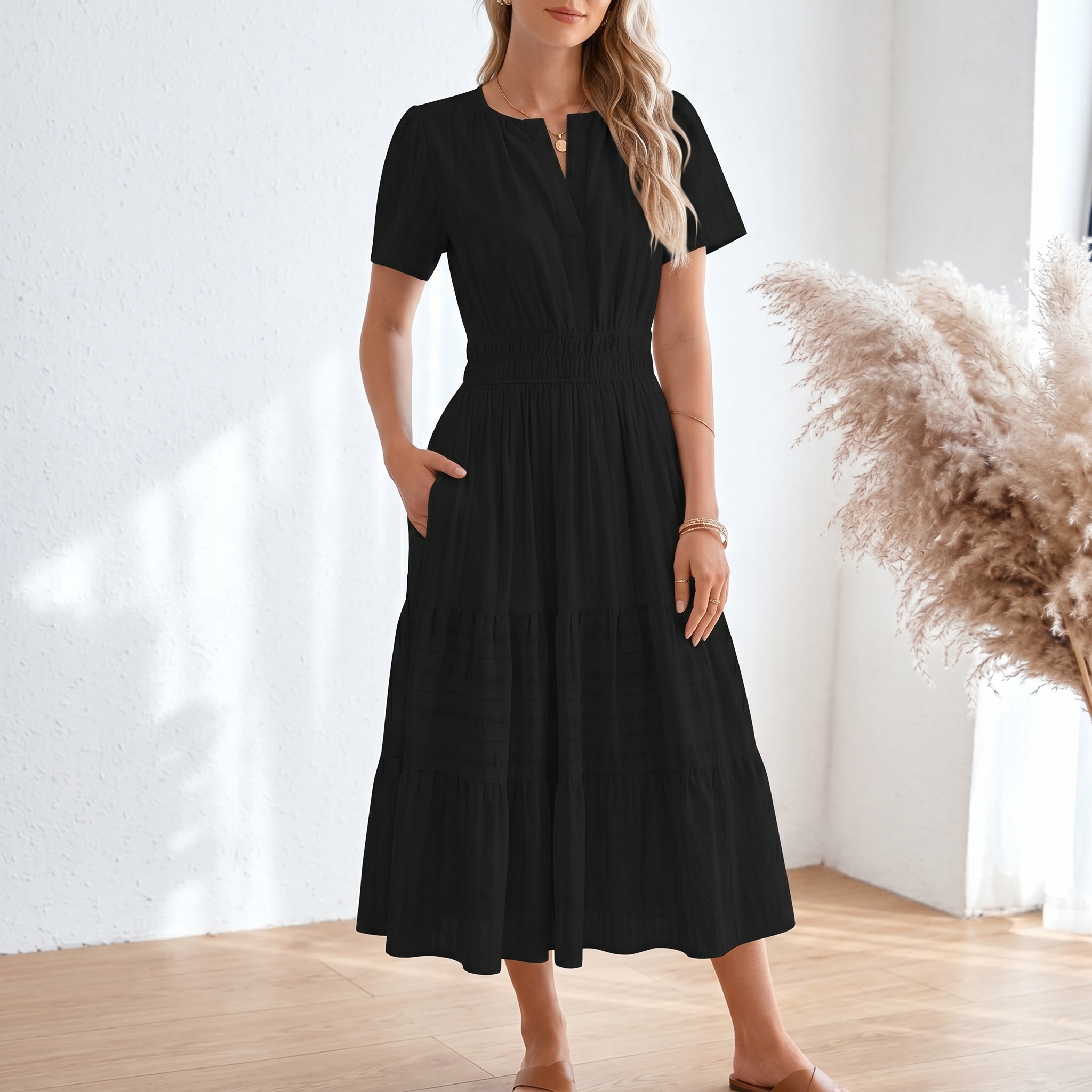 Womens Summer 2026 Casual Midi Maxi Dresses Lightweight Short Sleeve V Neck Elastic Waist Boho Beach Dress Pockets