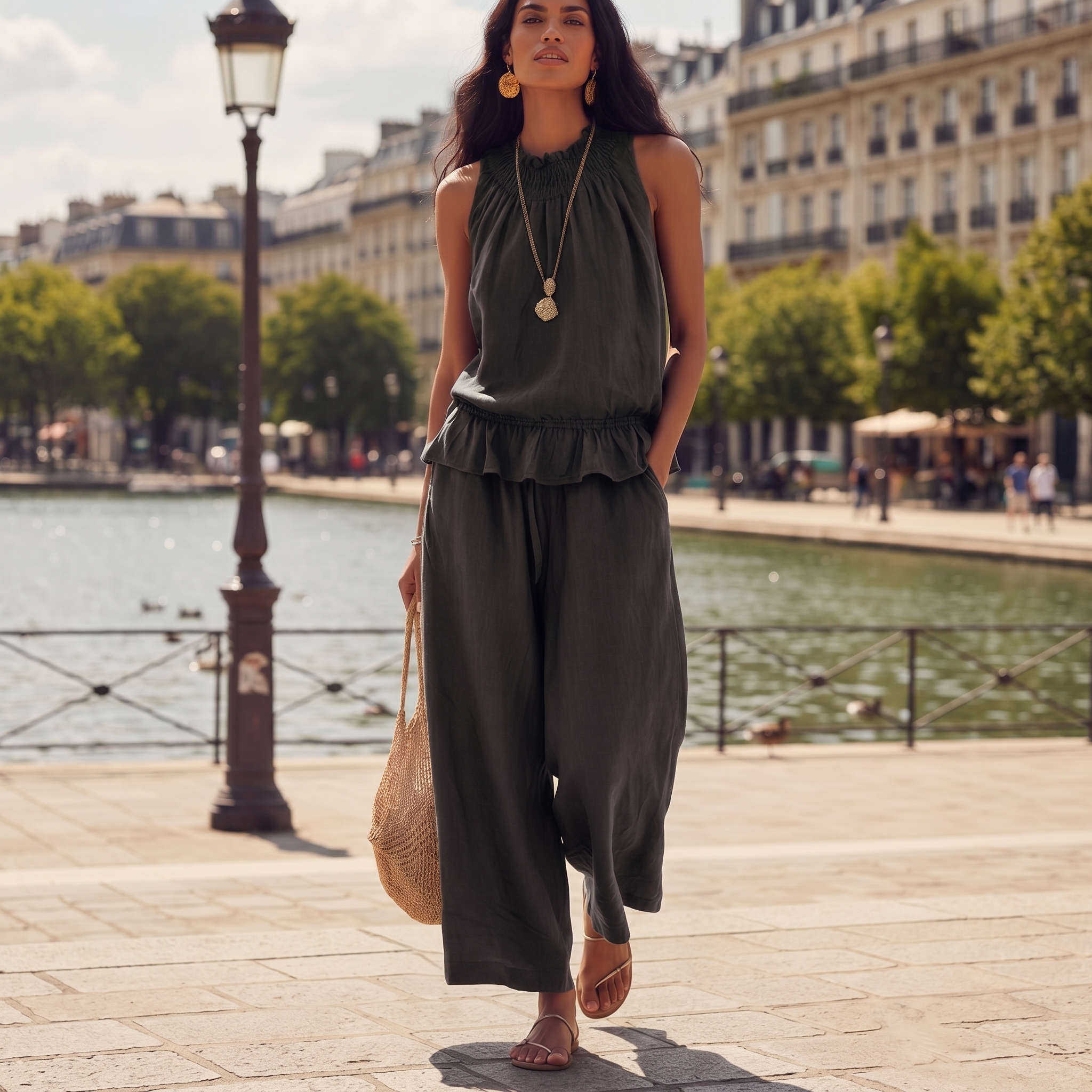 Linen Sleeveless Ruffle Top Pants Set