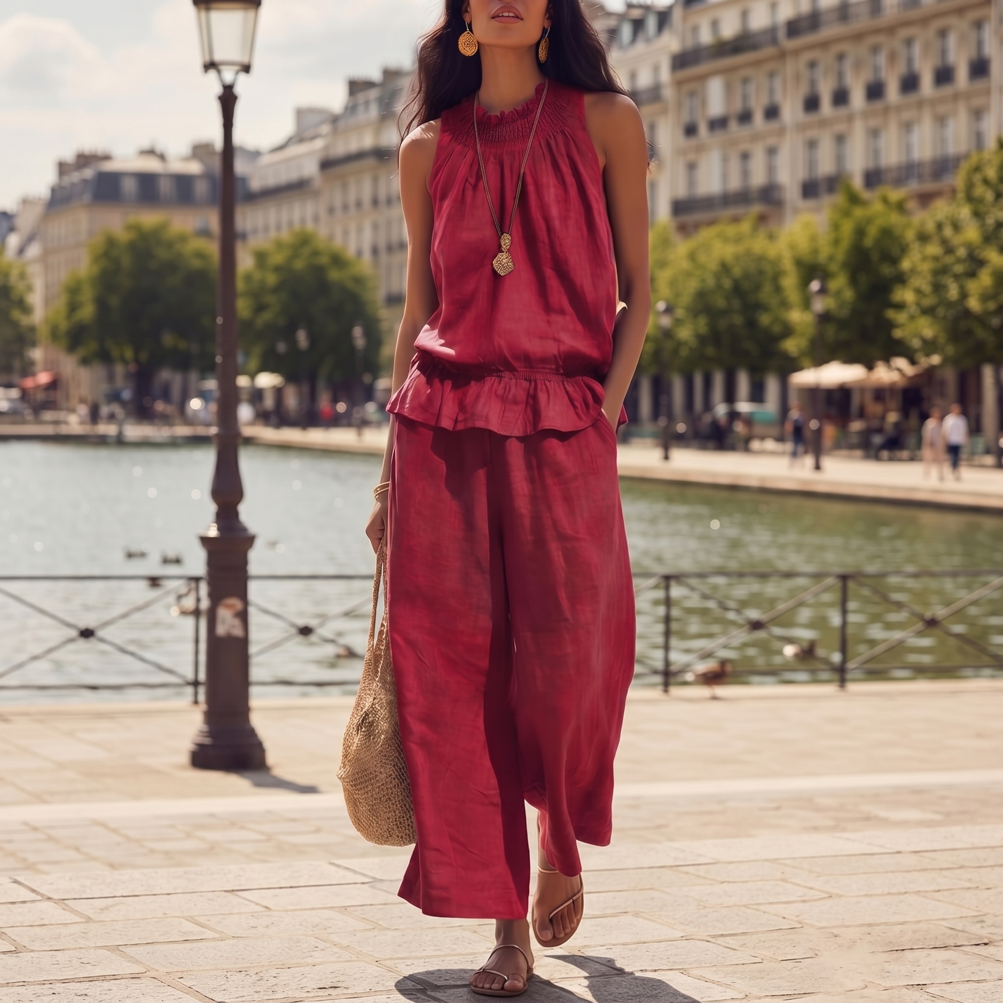 Linen Sleeveless Ruffle Top Pants Set