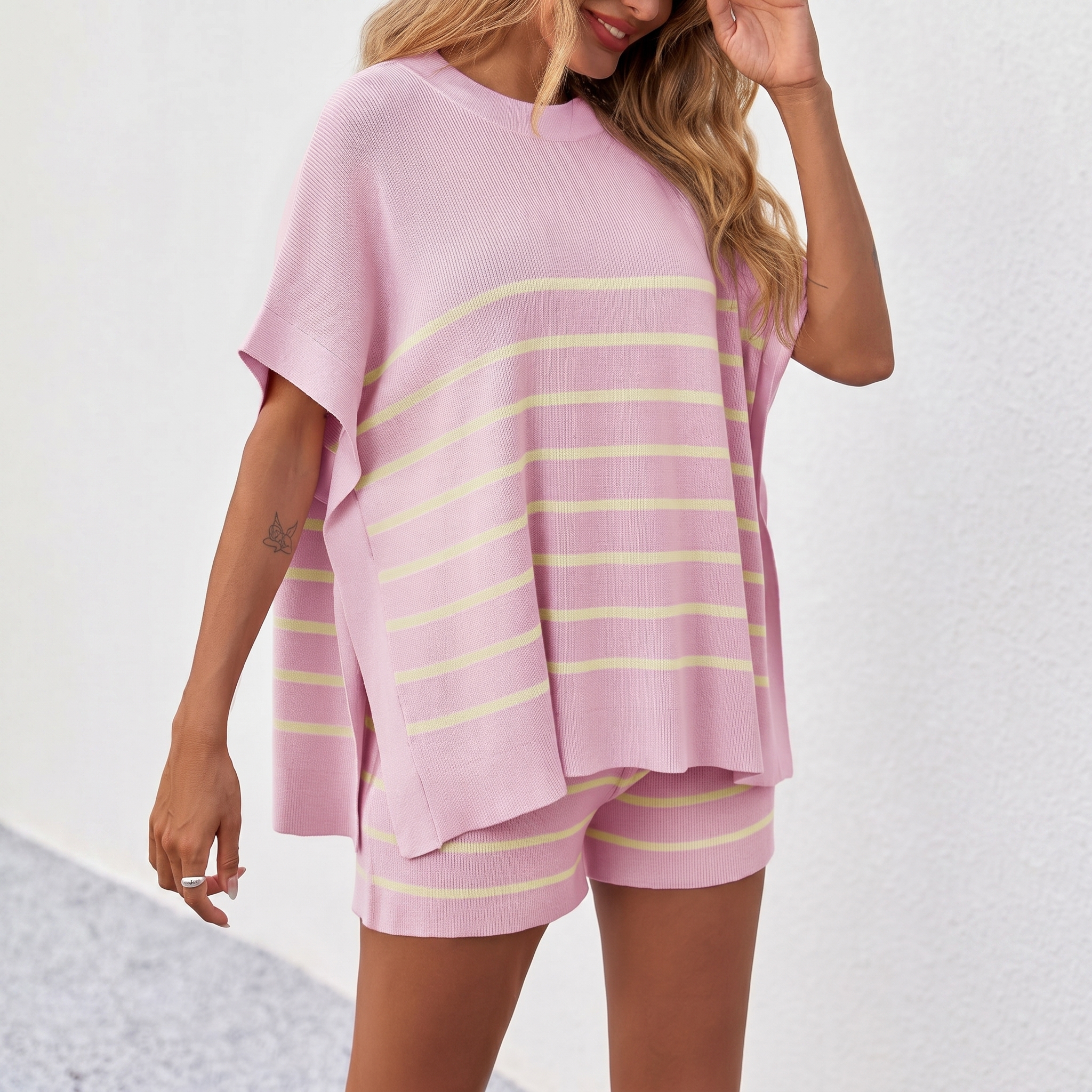 Striped Knit Top And Shorts Set For Women