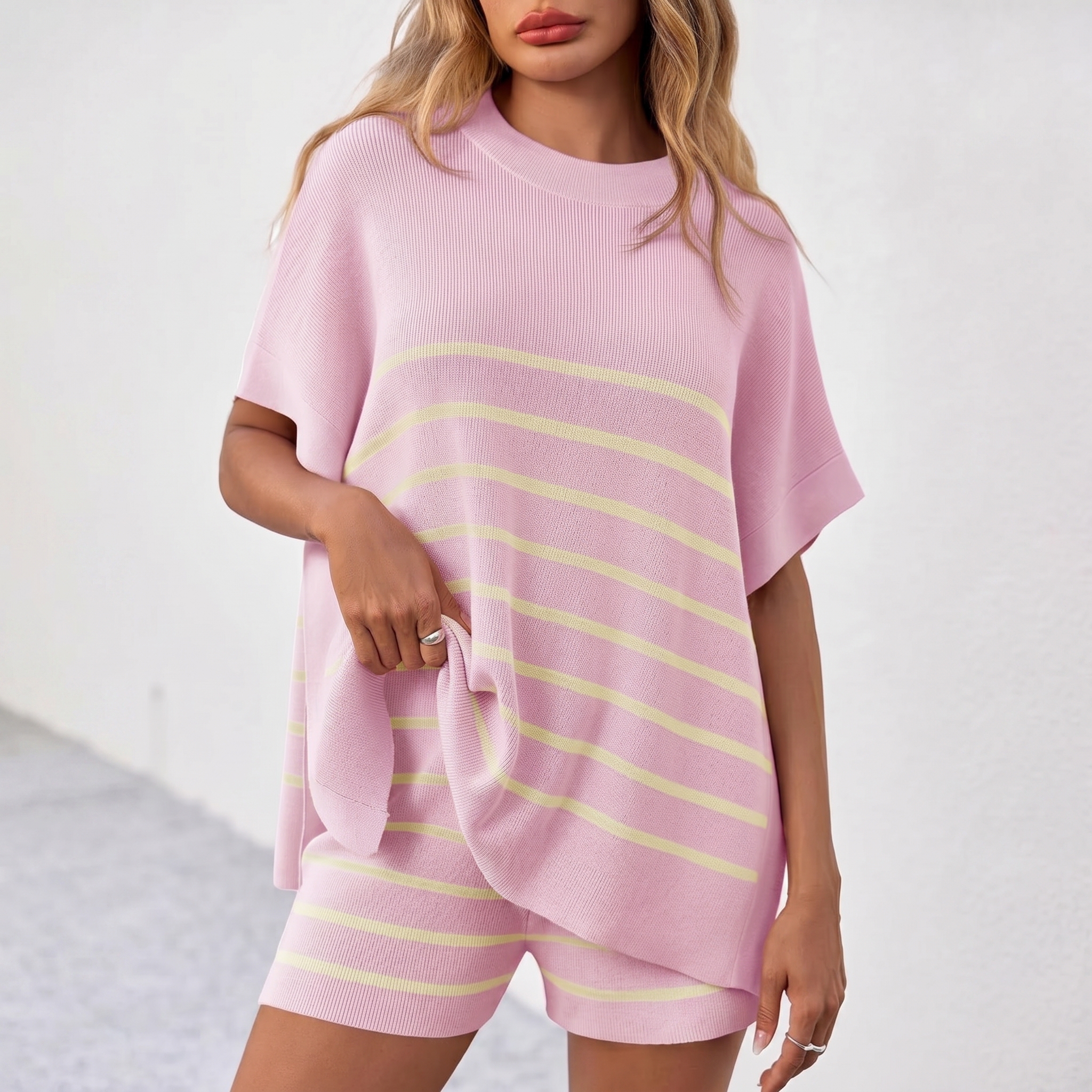 Striped Knit Top And Shorts Set For Women