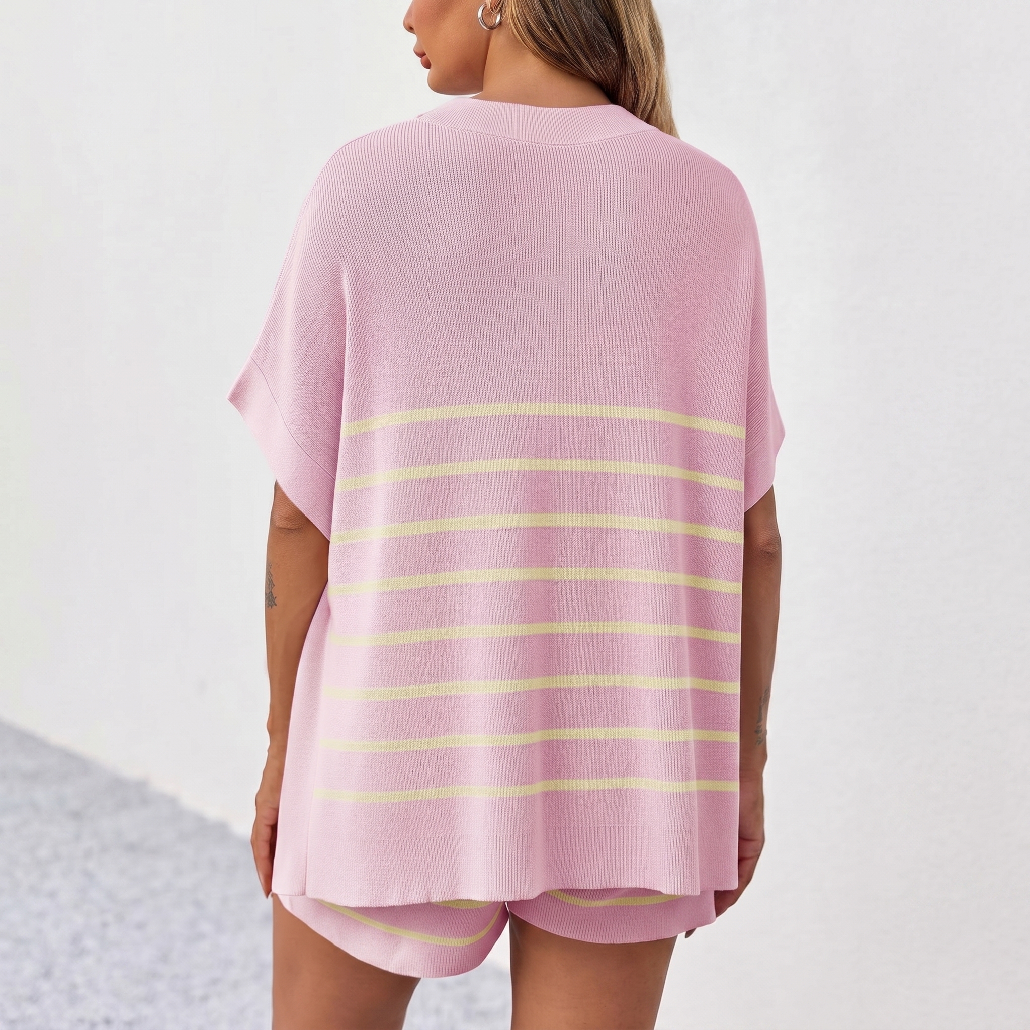 Striped Knit Top And Shorts Set For Women