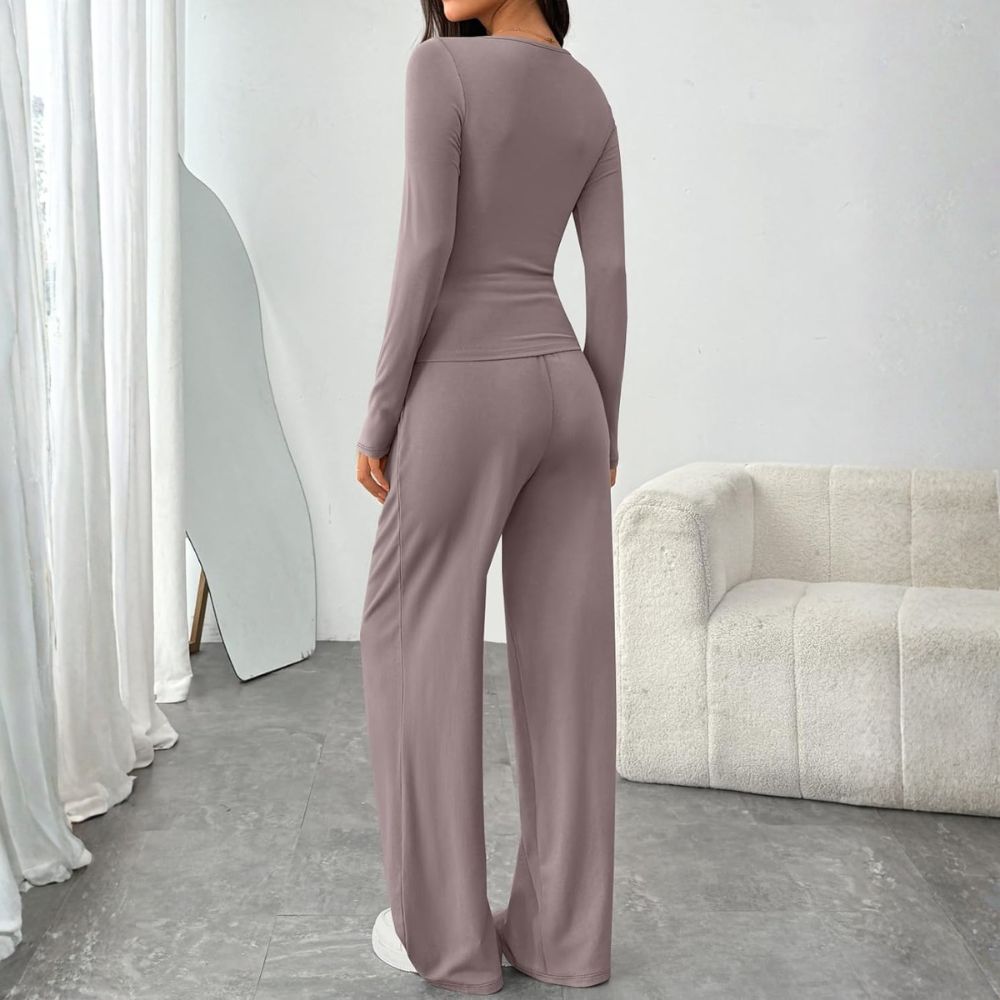 2 Piece Scoop Neck Lounge Set Womens Wide Leg Pants Side Ruching Slightly Crop Top