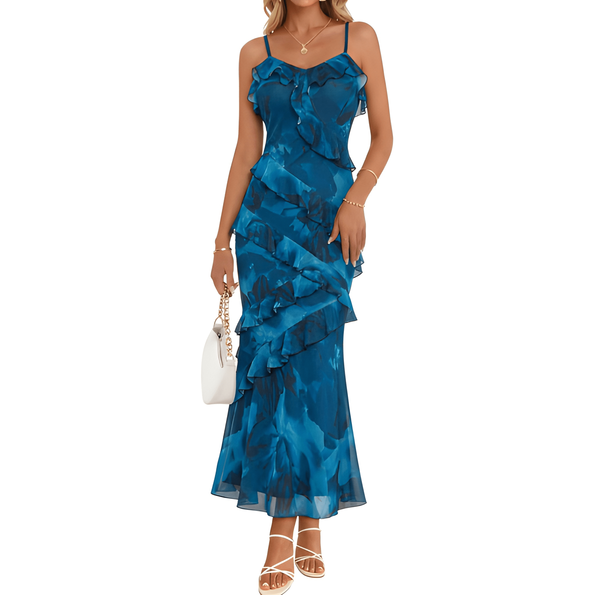 Floral Ruffle Spaghetti Strap Bodycon Maxi Dress Women