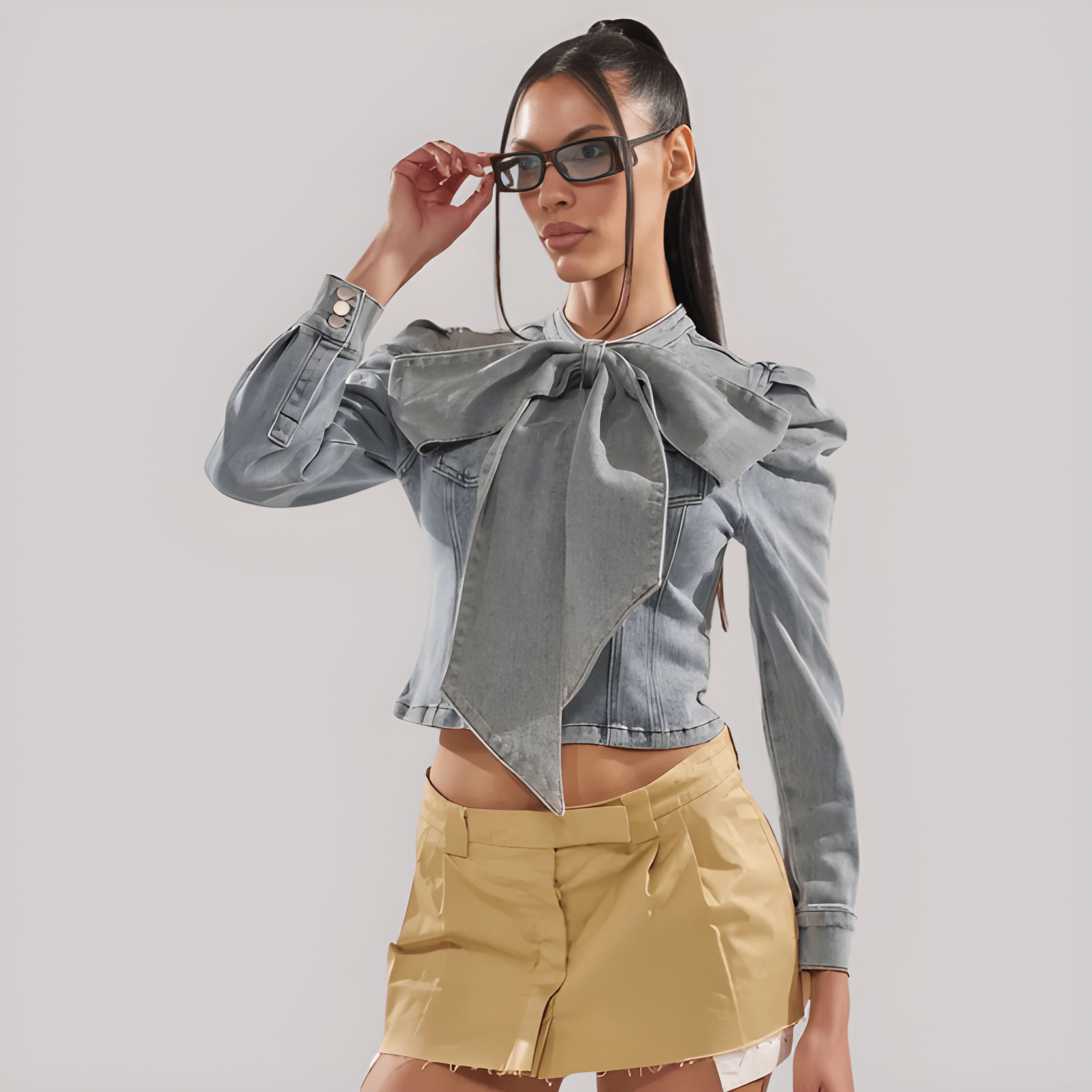 Denim Bow Top With Long Puff Sleeves For Women
