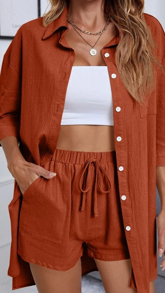 Button Up High Low Hem Shirt With Shorts-My Comfy Blouse