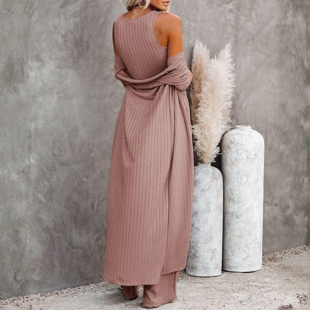 Women's 3 Piece Lounge Sets Pajamas Knit Long Sleeve Cardigan Crop Top Wide Leg Pants