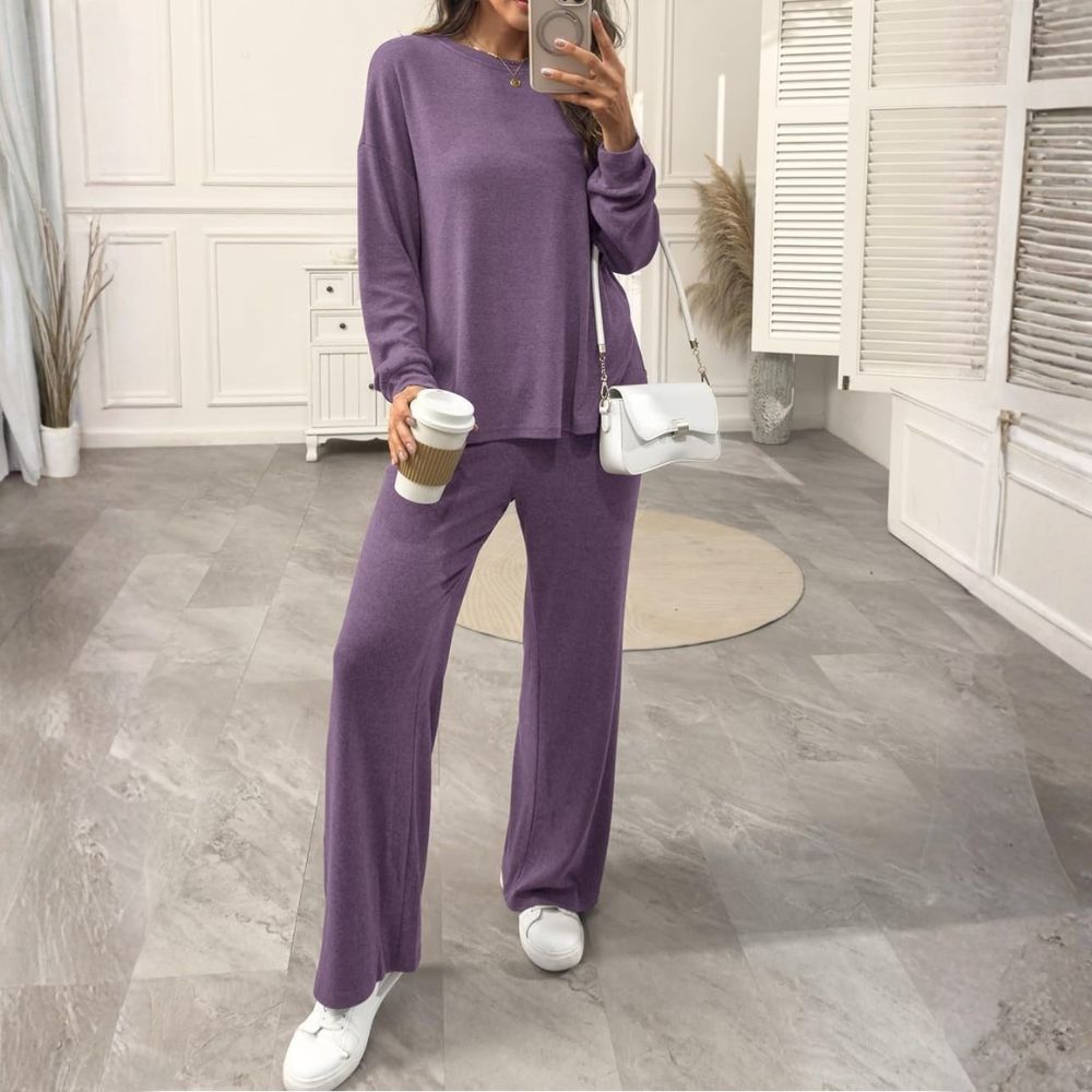 Womens Lounge Set 2025 Fall 2 Piece Outfits Long Sleeve Tops Wide Leg Long Pants