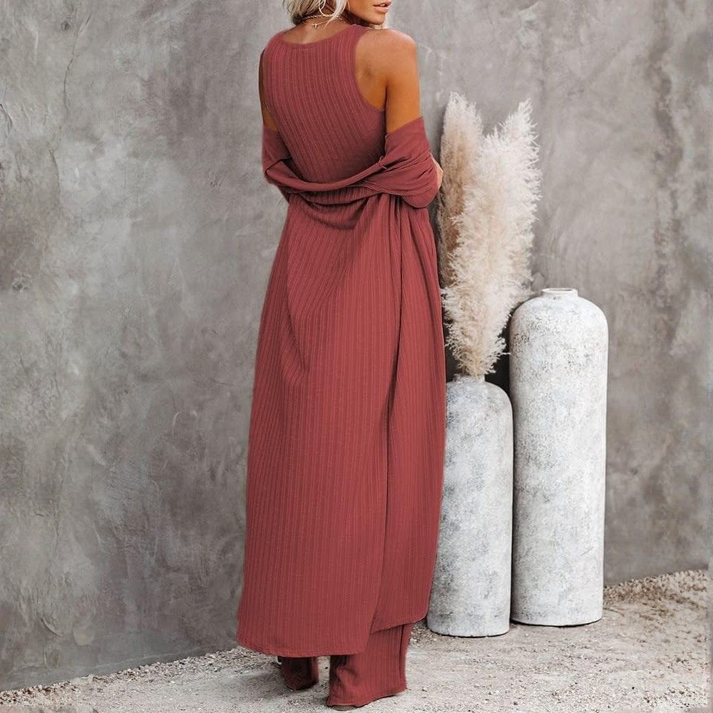 Women's 3 Piece Lounge Sets Pajamas Knit Long Sleeve Cardigan Crop Top Wide Leg Pants