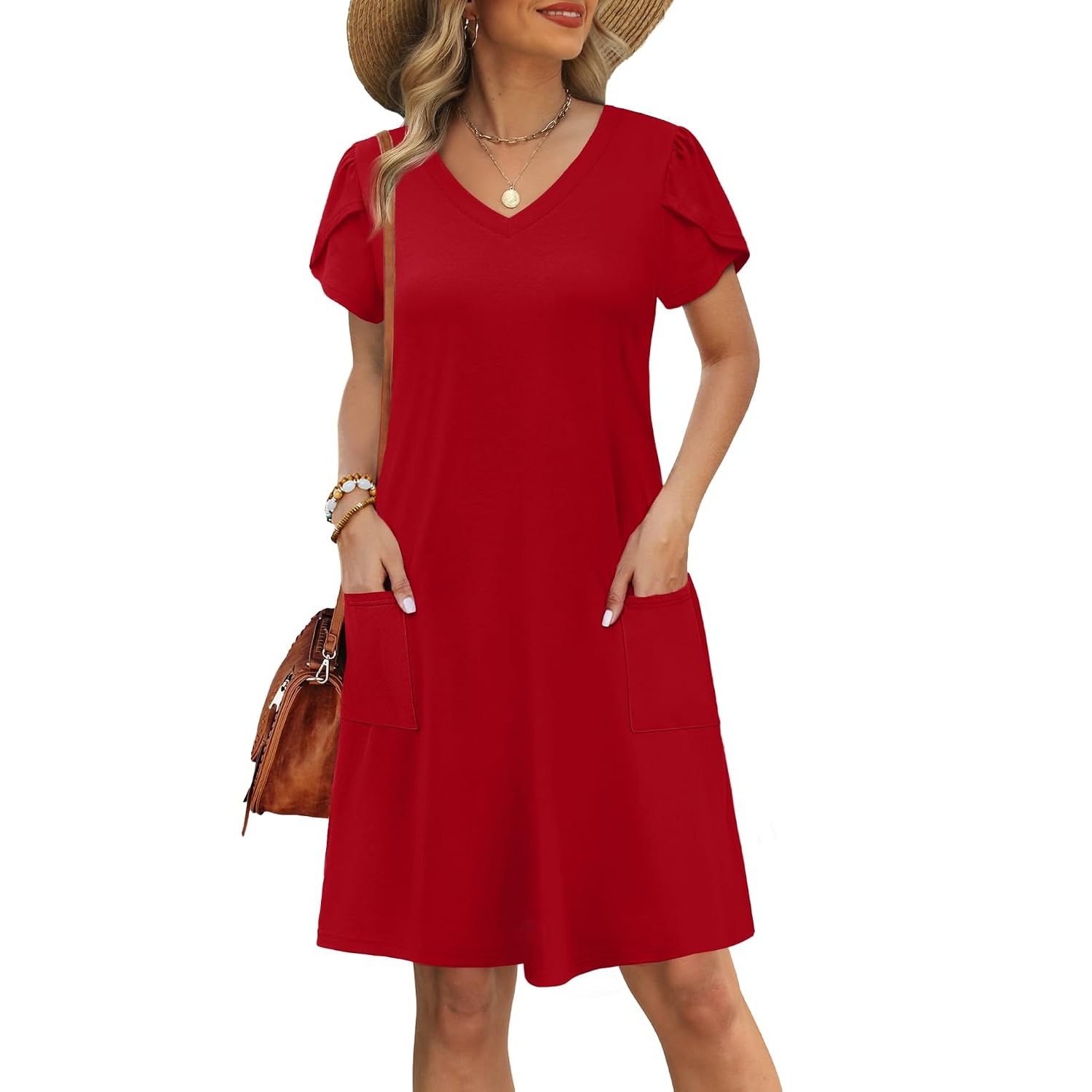 Summer Short Sleeve Loose Swing Dress With Pockets