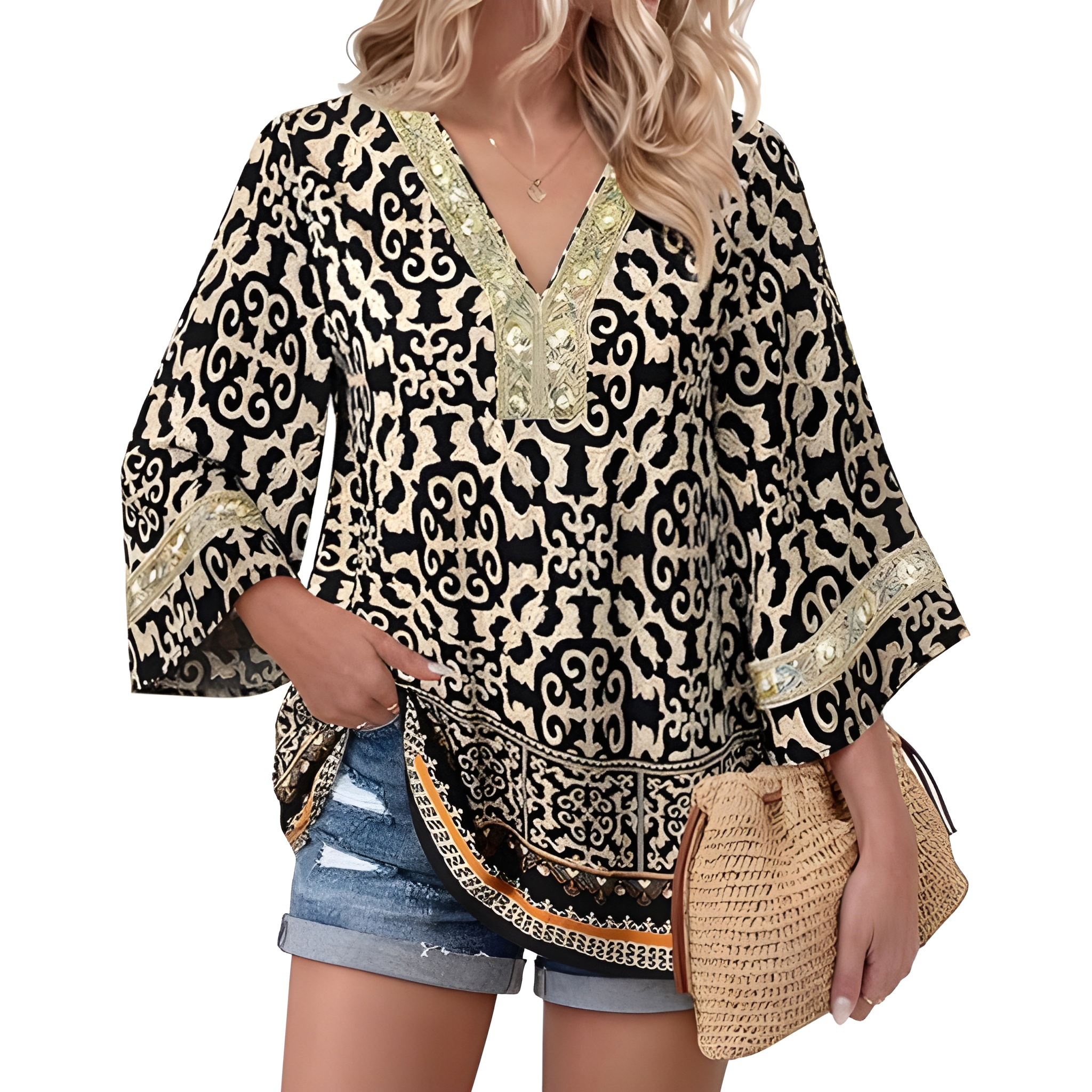 Women Boho Style Embroidered Sleeve Tunic Blouse For Casual Wear