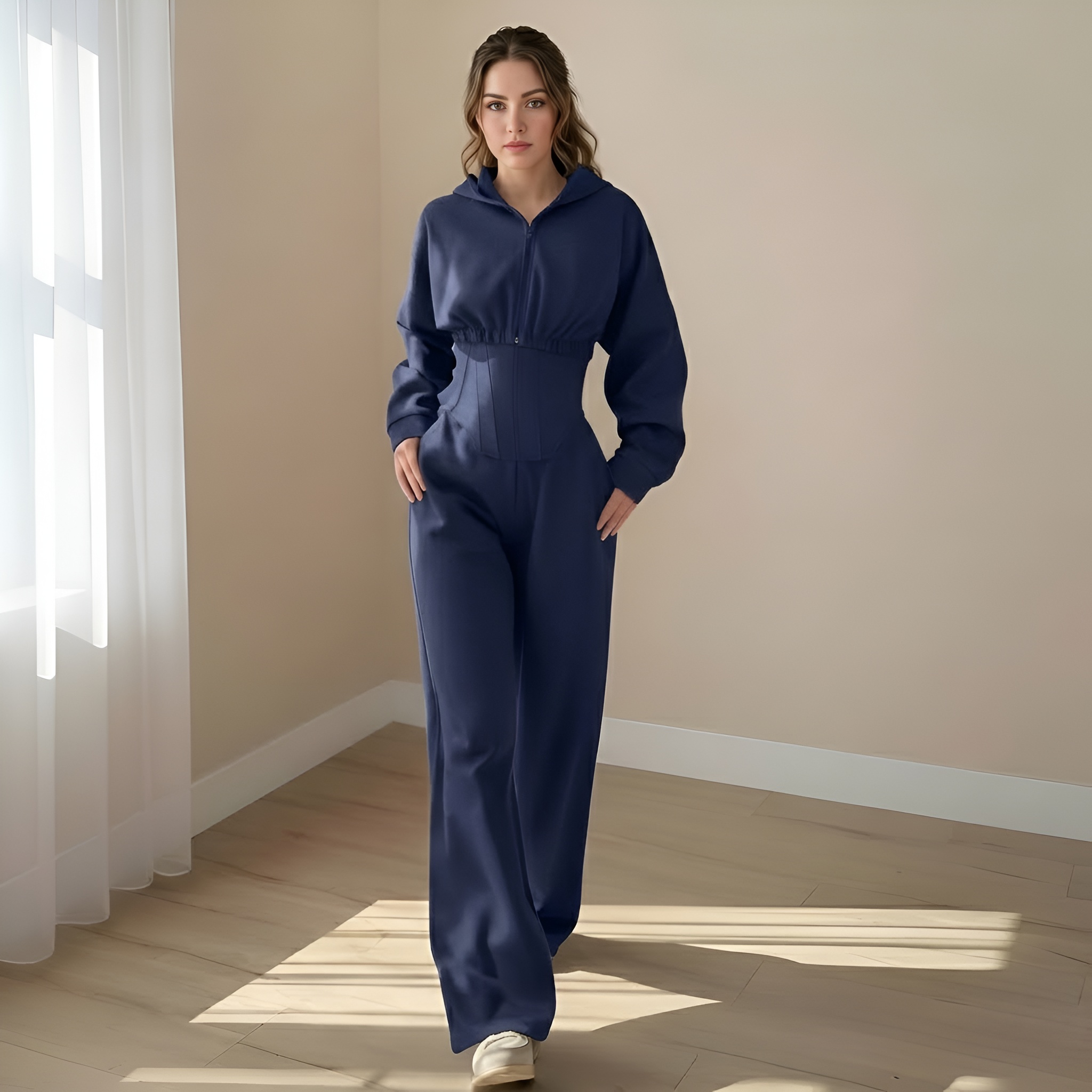 Three Piece Corset Lounge Set With Cropped Hoodie And Loose Pants