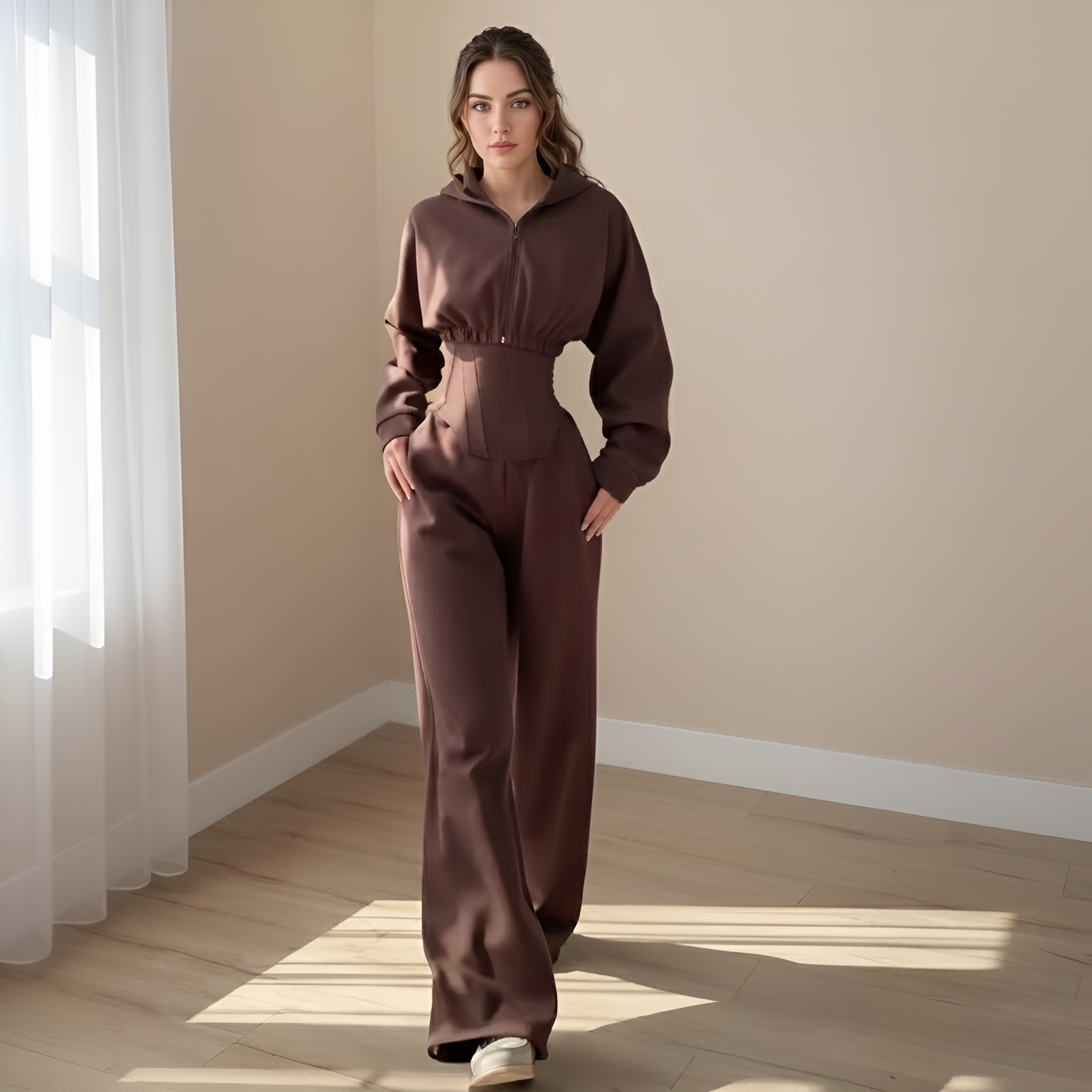 Three Piece Corset Lounge Set With Cropped Hoodie And Loose Pants