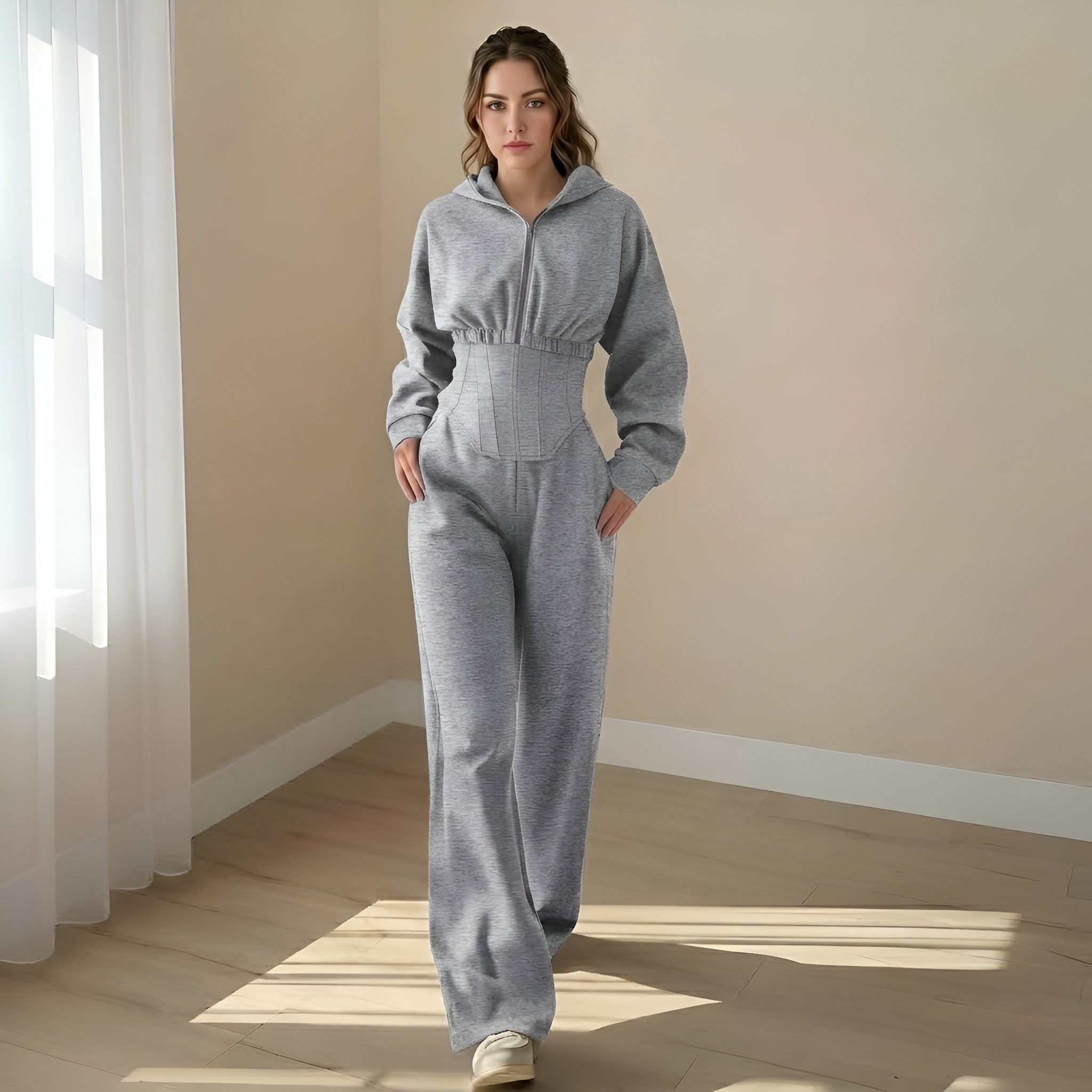 Three Piece Corset Lounge Set With Cropped Hoodie And Loose Pants