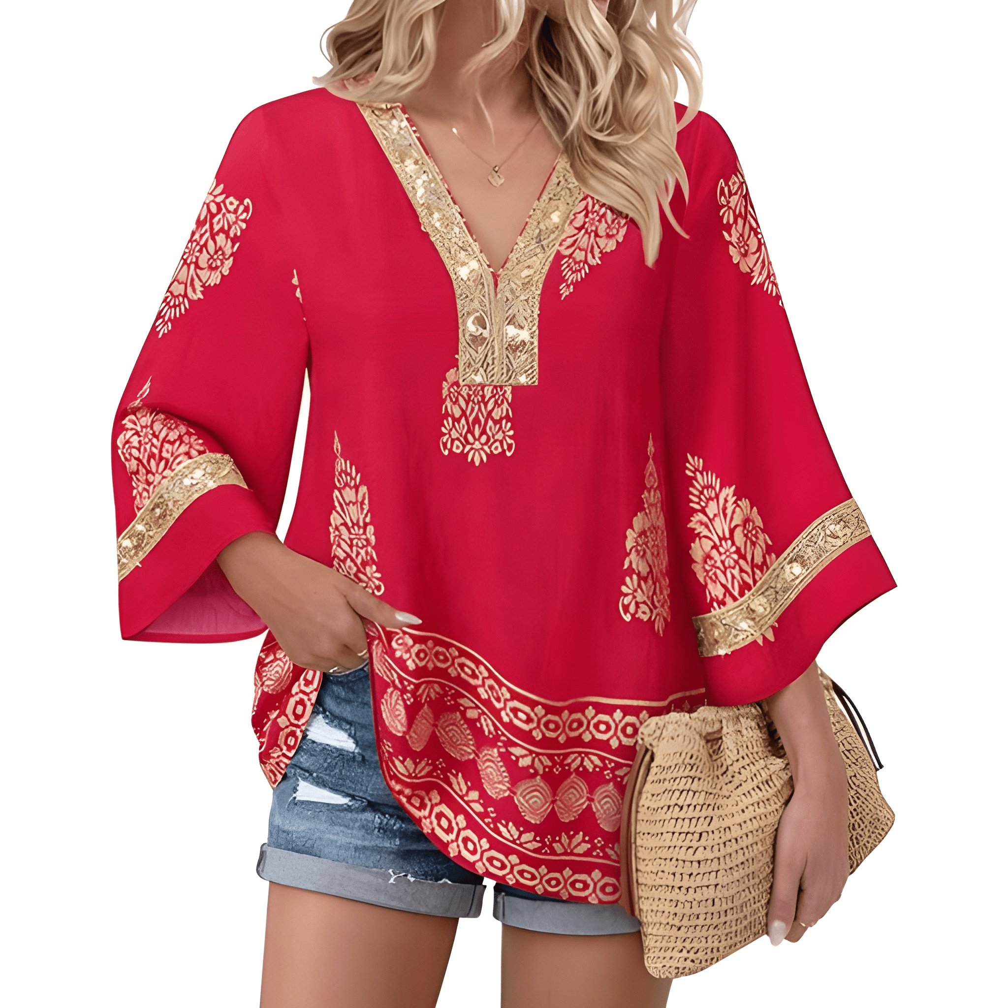 Women Boho Style Embroidered Sleeve Tunic Blouse For Casual Wear