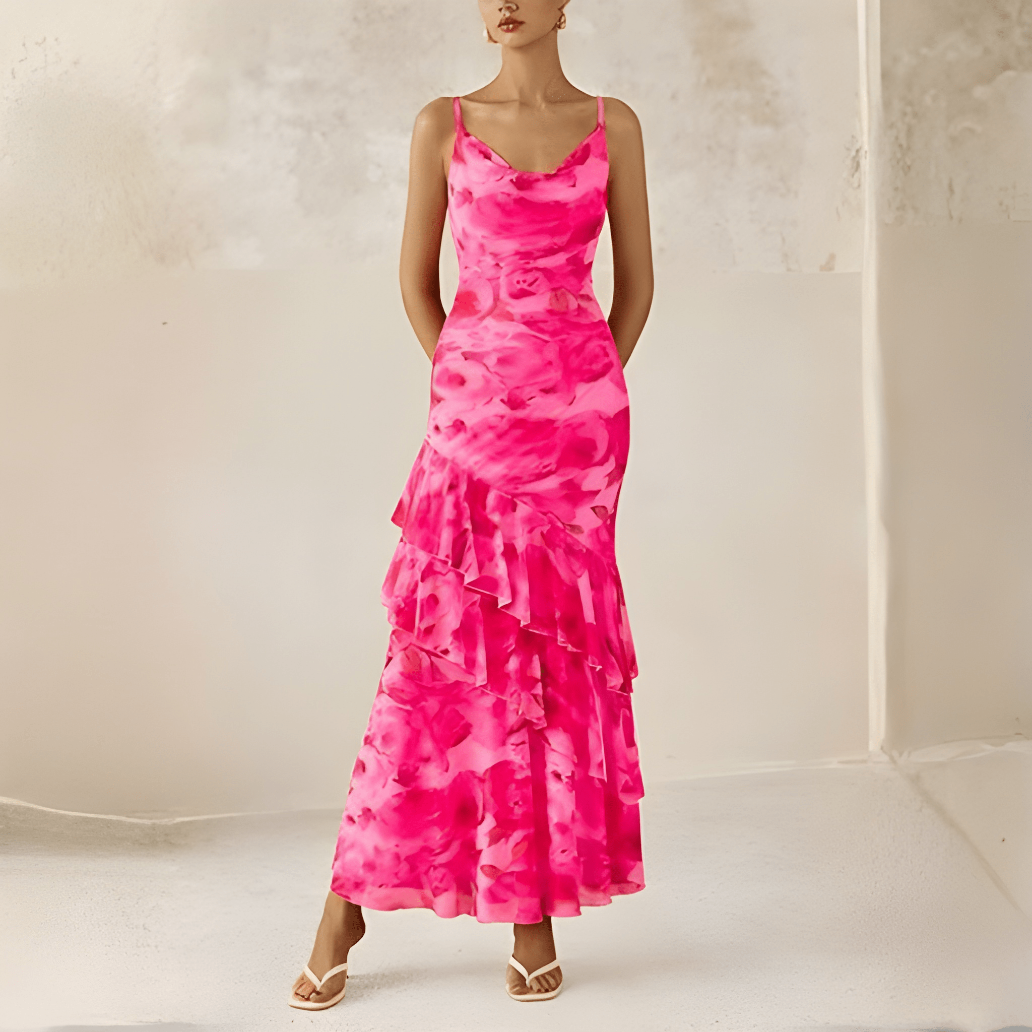 Summer Spring Tiered Floral Beach Maxi Dress Spaghetti For Women