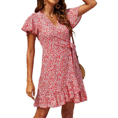 Floral Print Flounce Hem With Waist Belt Dress-My Comfy Blouse