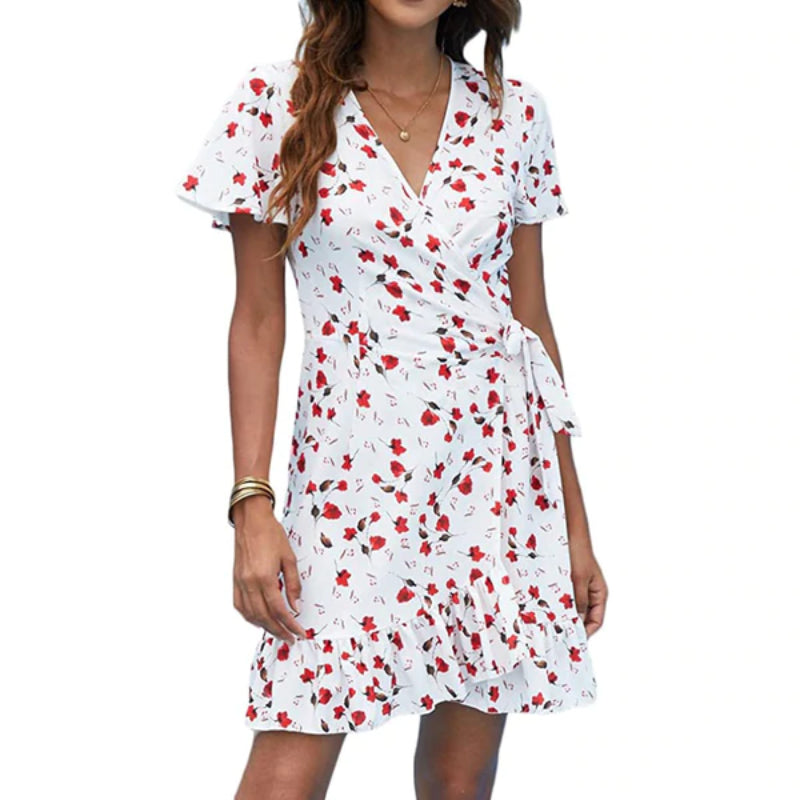 Floral Print Flounce Hem With Waist Belt Dress-My Comfy Blouse