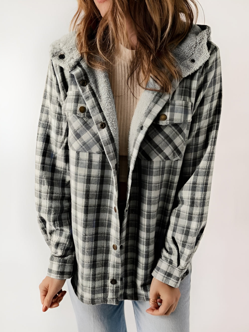 Plaid Fleece Lined Button Up Jacket-My Comfy Blouse
