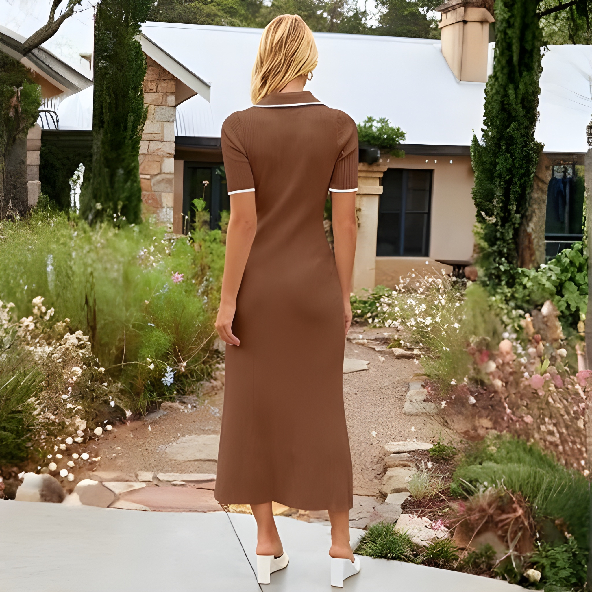 Spring And Summer Ribbed Button V Neck Bodycon Maxi Dresses  For Women