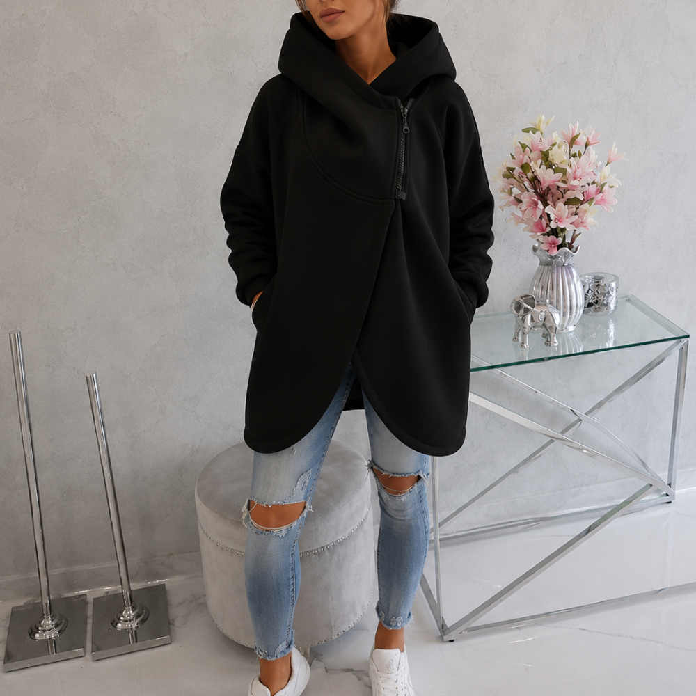 Women Plus Size Half Zip Fleece Hoodie With Asymmetrical Hem