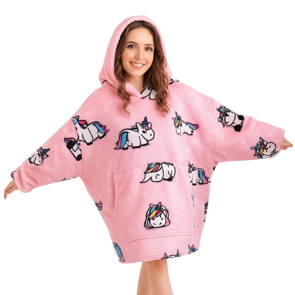 Unicorn Printed Oversized Wearable Fleece Hoodie Blanket