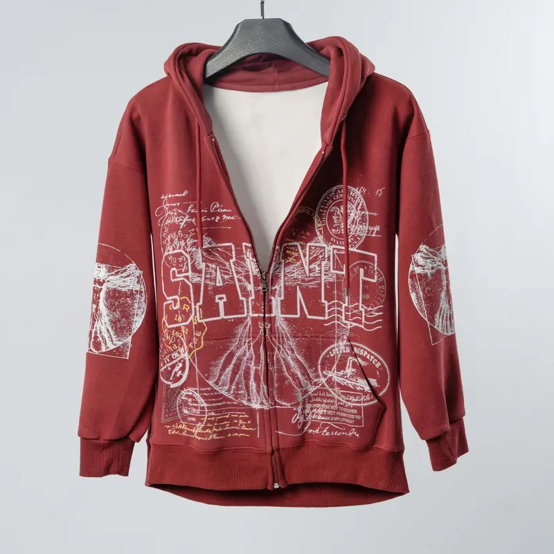 Casual Vintage Graphic Printed Zippered Hoodie For Men