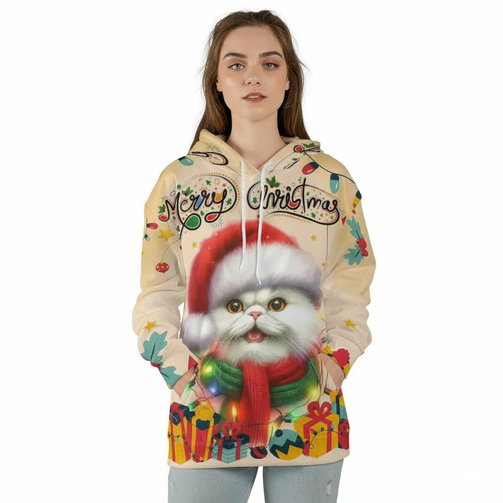 Christmas Cat Twinkling Lights All Over Print 3D Hoodie