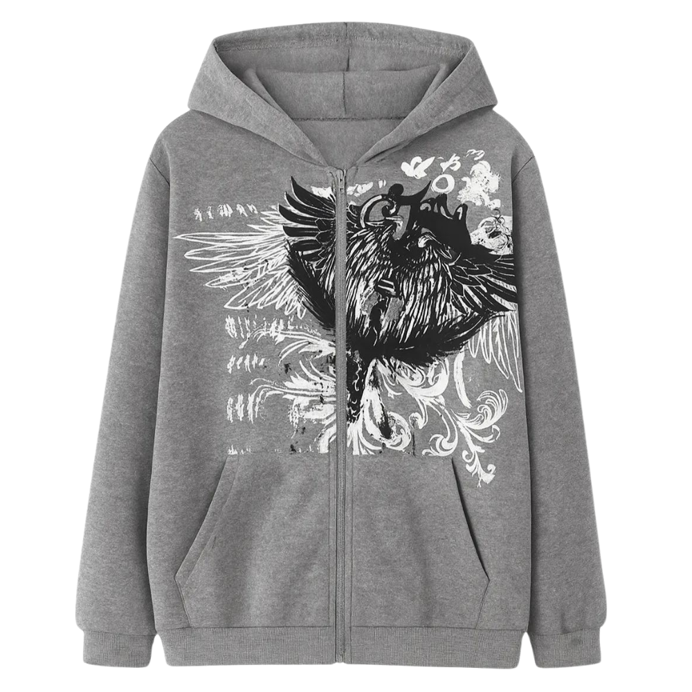 Graphic Print Zip Up Hoodie With Slant Pockets