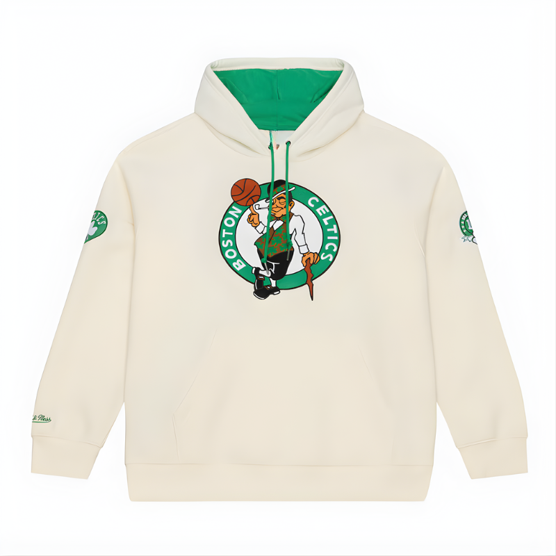 Men Boston Celtics Mitchell & Ness Cream Hardwood Classics Chainstitch Premium Fleece Hoodie