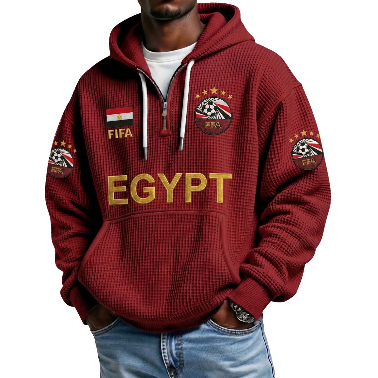 FIFA 2026 Egypt Printed Waffle Quarter Zip Football Fan Hoodie