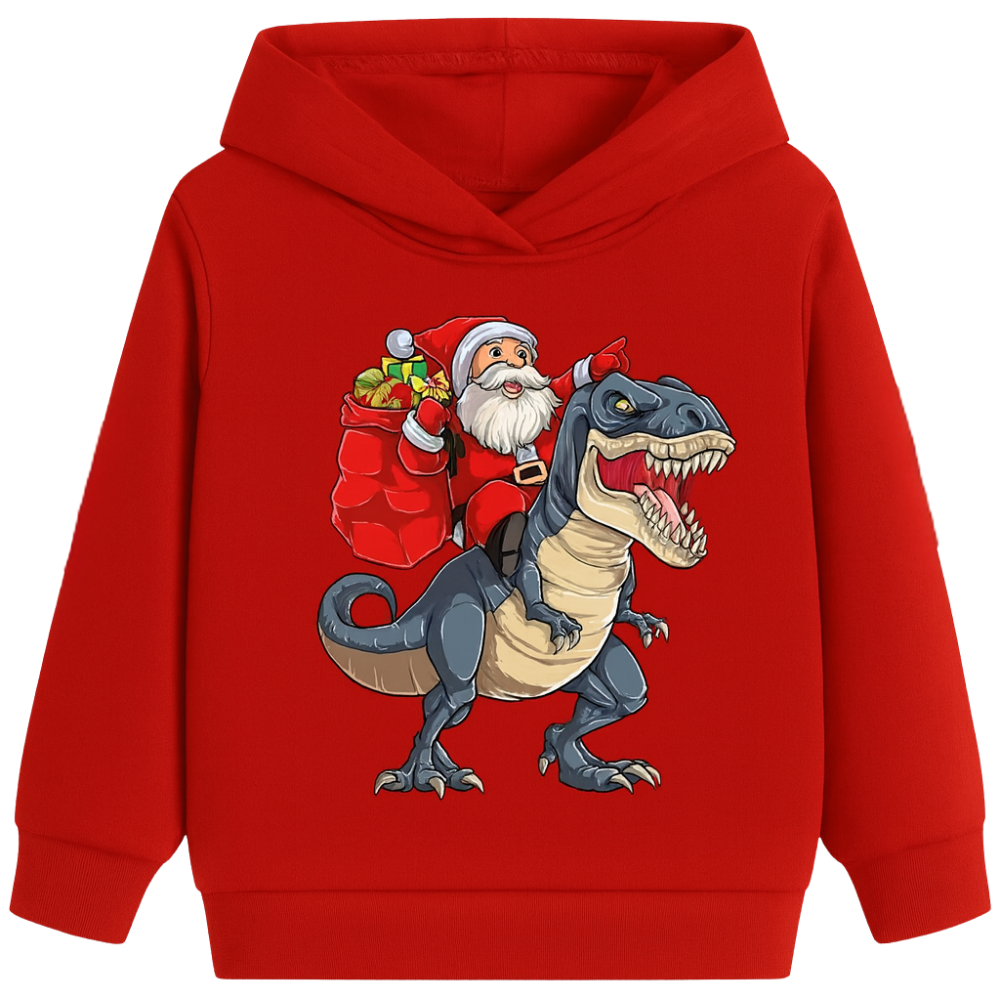 Kids Christmas Hoodie with Santa Riding Dinosaur Print