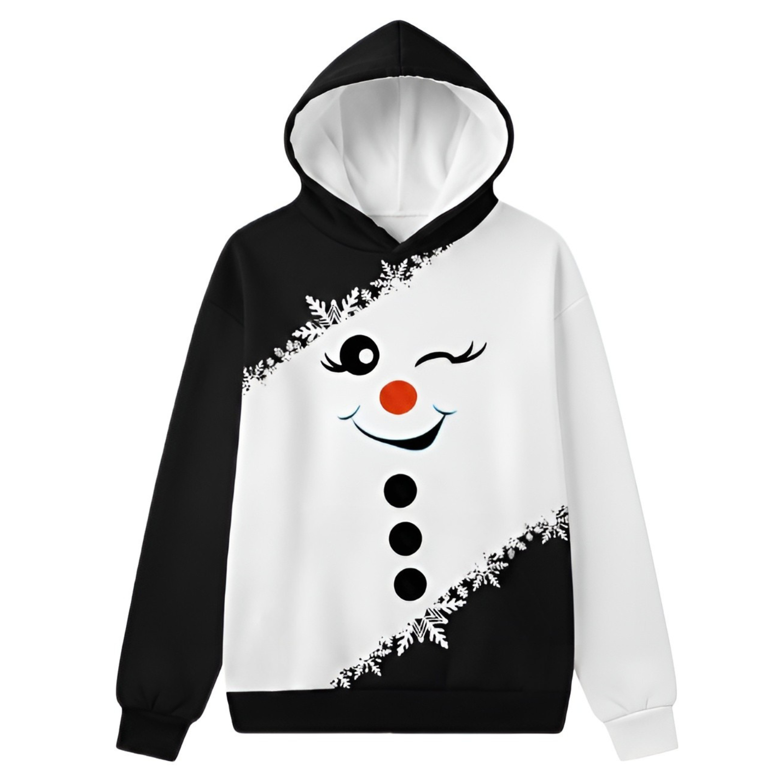 Christmas Snowman Winking Hoodie With Snowflake Print Contrast Sleeves