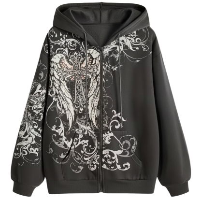 Women Gothic Angel Wings and Cross Graphic Hoodie