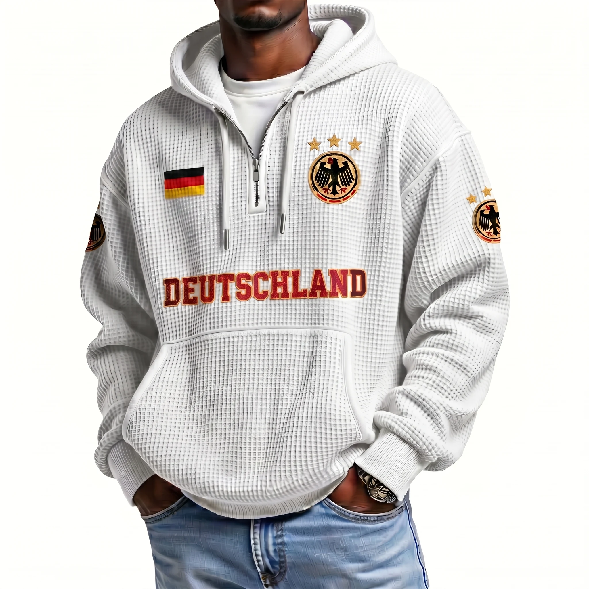 Germany Printed Waffle Quarter Zip Football Fan Hoodie