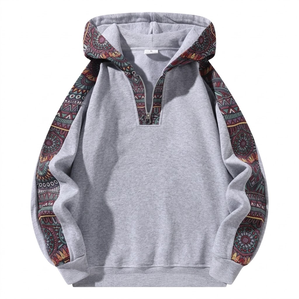 Casual Long Sleeve Ethnic Pattern Quarter Zip Pullover Hoodie For Men