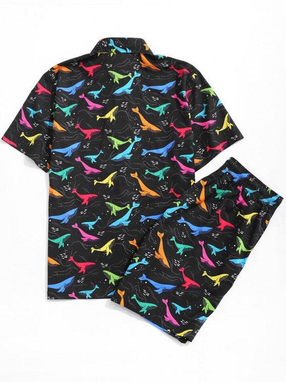 Vibrant Whale Print Top And Shorts Set-My 3D Hoodie
