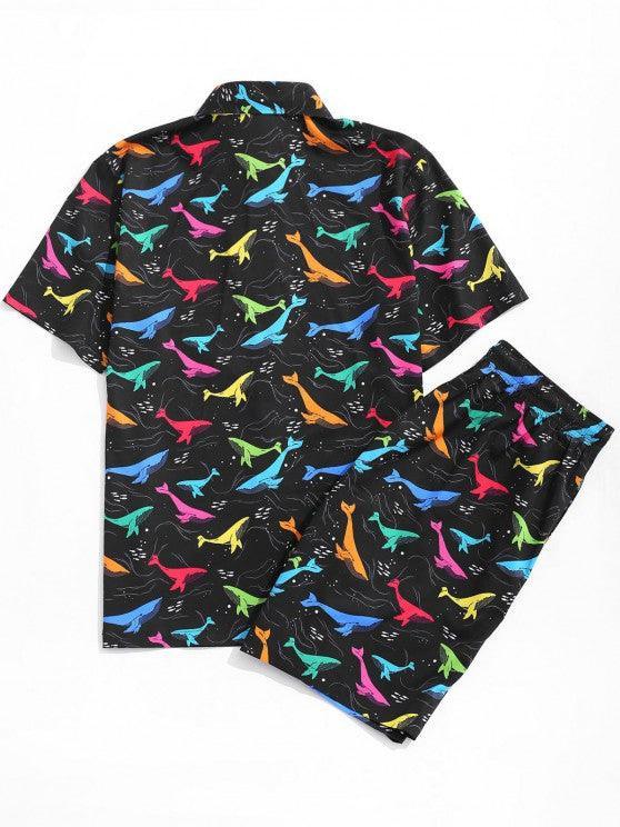 Vibrant Whale Print Top And Shorts Set-My 3D Hoodie