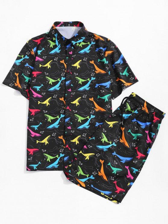 Vibrant Whale Print Top And Shorts Set-My 3D Hoodie