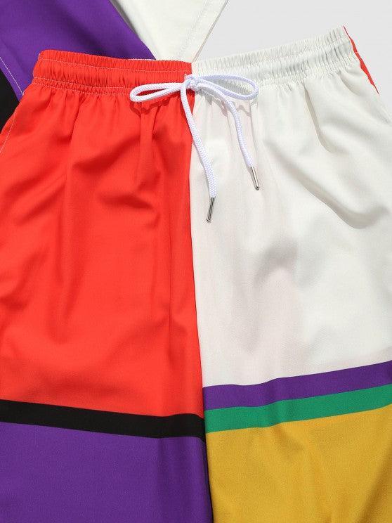 Color Block Kimono Cardigan And Cropped Baggy Pants Set-My 3D Hoodie