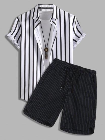Striped Shirt And Drawstring Shorts Set-My 3D Hoodie
